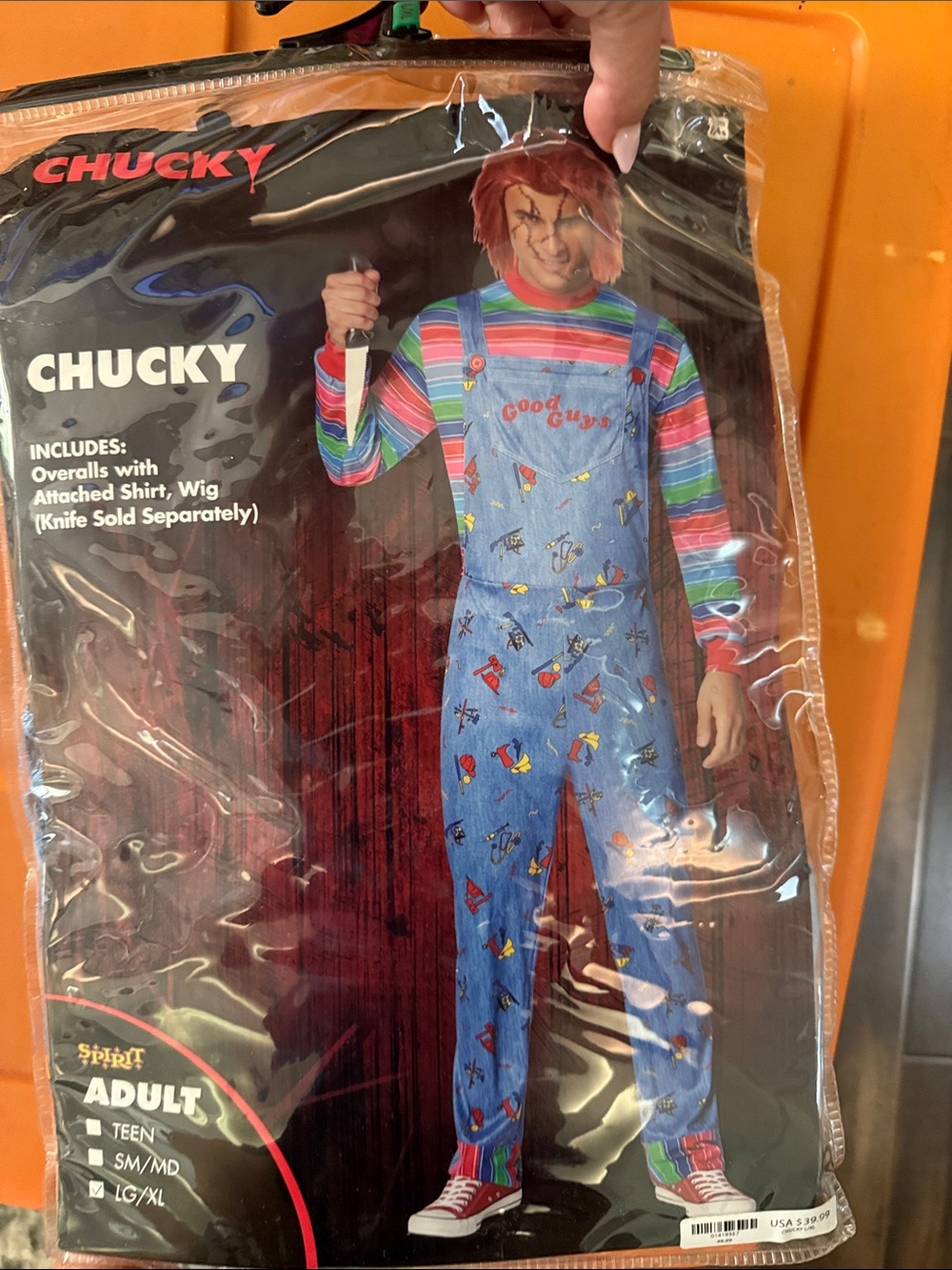 Spirit Chucky Adult Overalls Costume - Blue with Multicolor Striped Shirt
